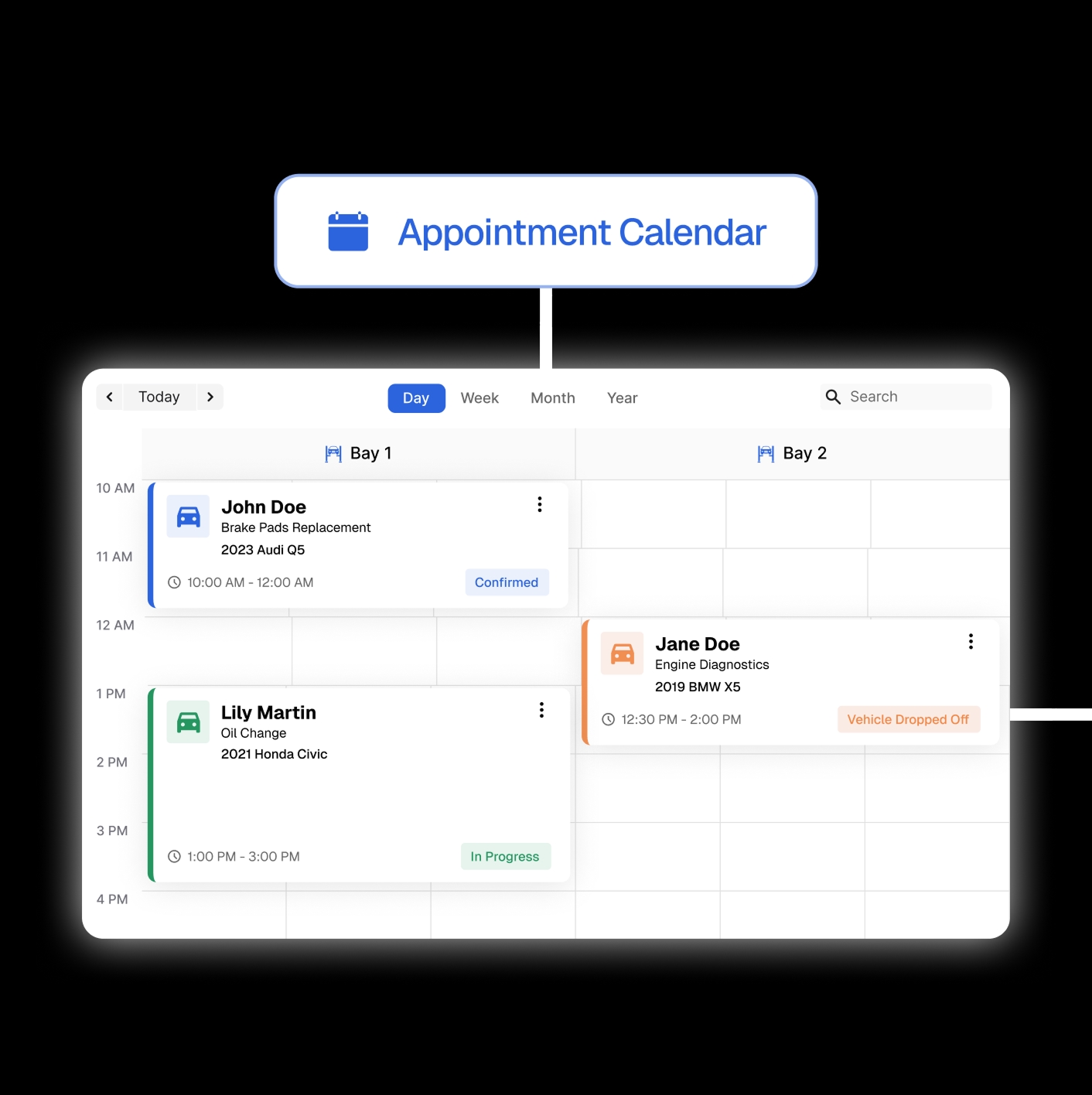 Today’s bookings across both bays on the appointment calendar