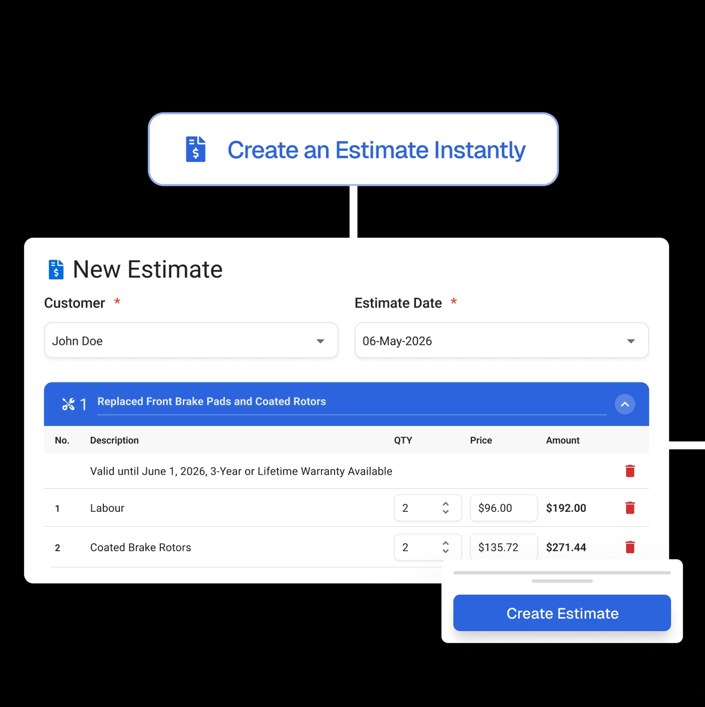 Build a new estimate with line items and live totals