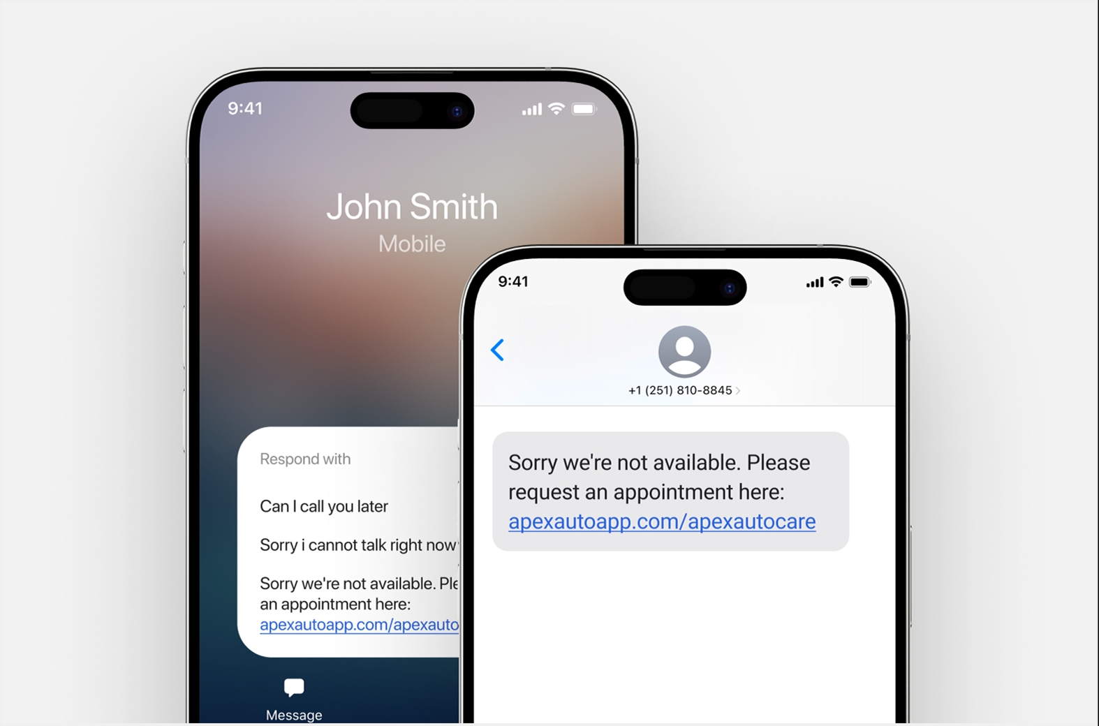 Two phones showing a booking link sent over text message