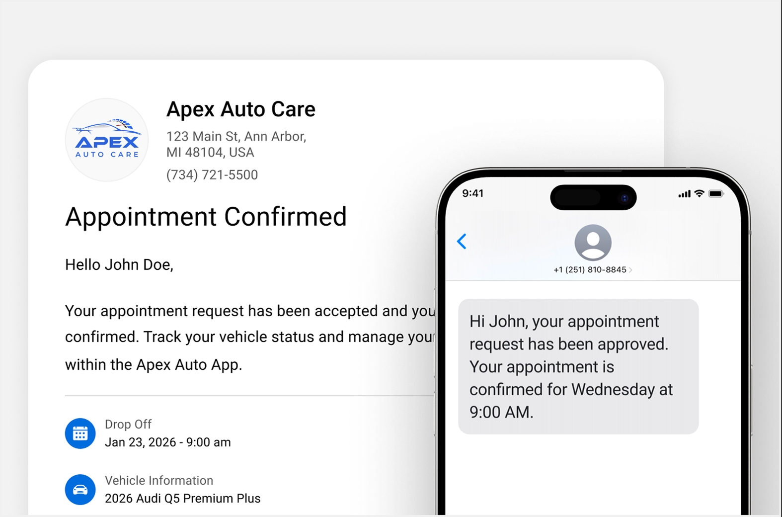 Apex appointment confirmed email and a phone showing the confirmation