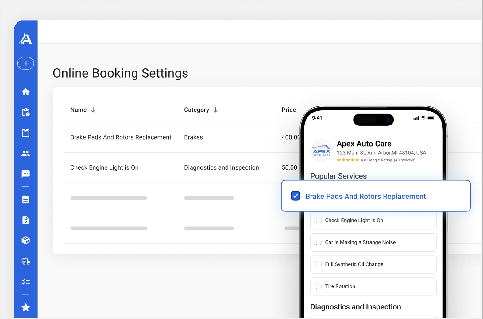 Apex booking settings screen for highlighting featured services