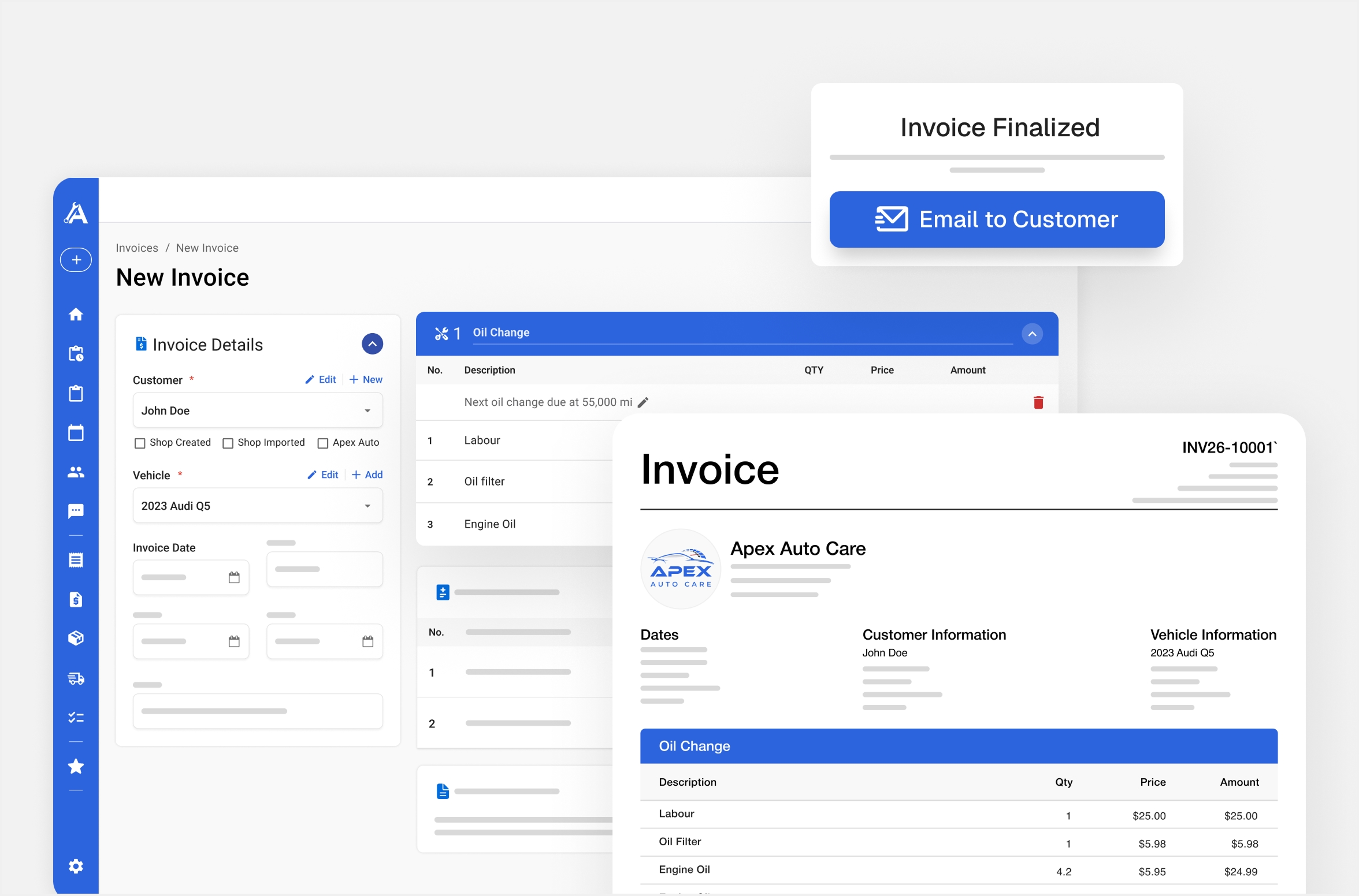 Apex Mechanic invoicing dashboard showing a new invoice, invoice details, and a customer-facing invoice