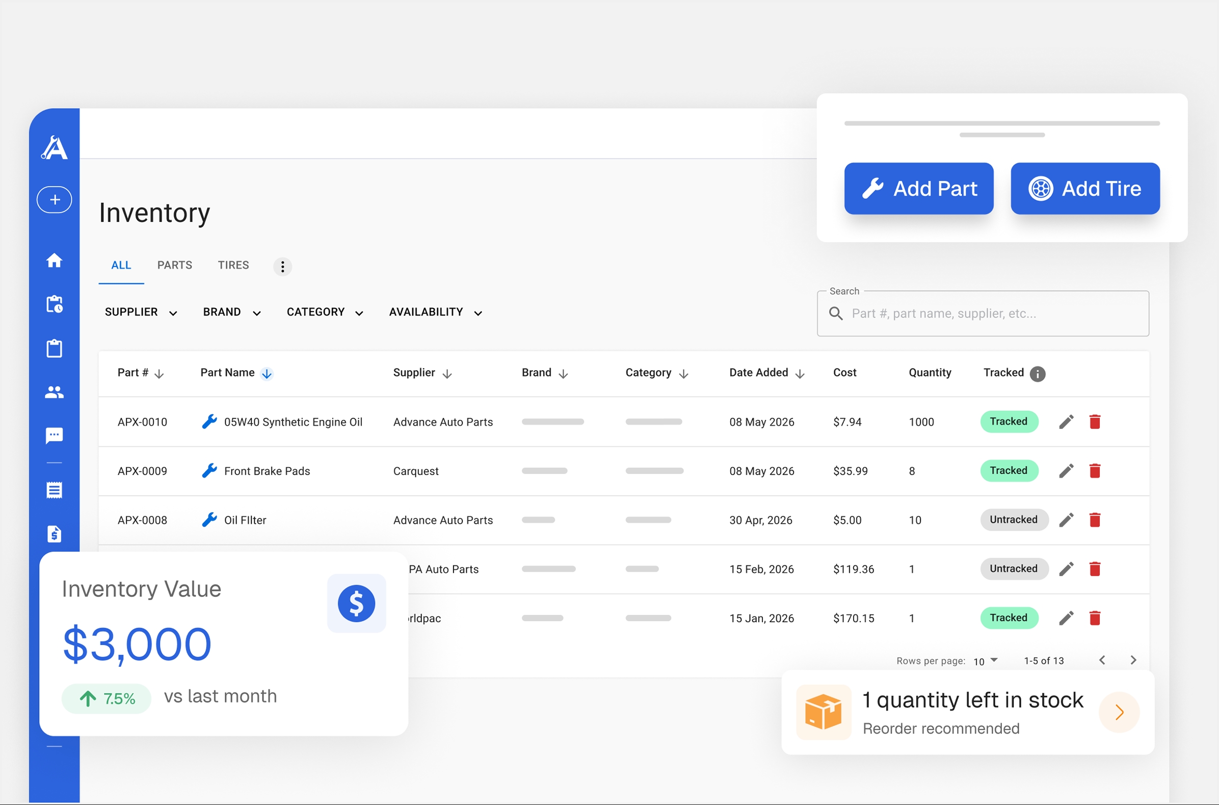 Apex Mechanic inventory dashboard showing the parts table, total inventory value, and a low-stock reorder alert
