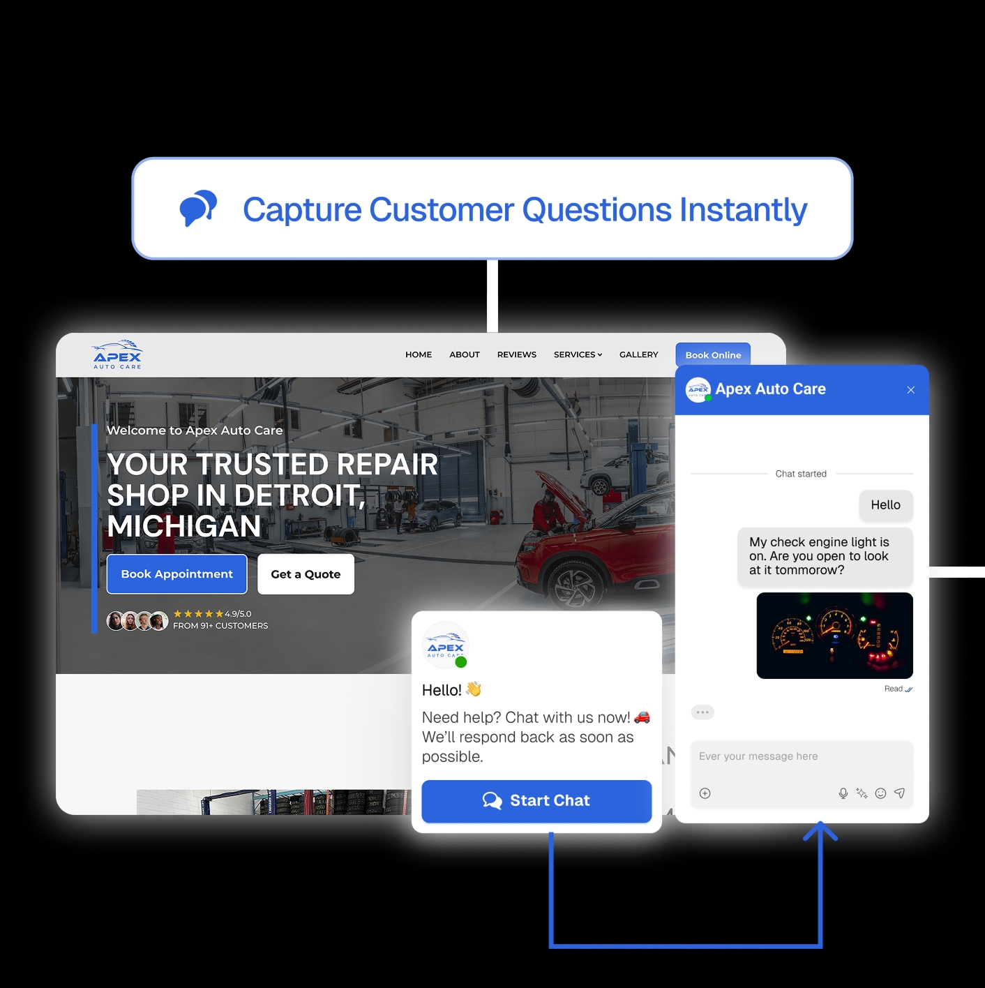 Embedded chat widget captures customer questions on your site