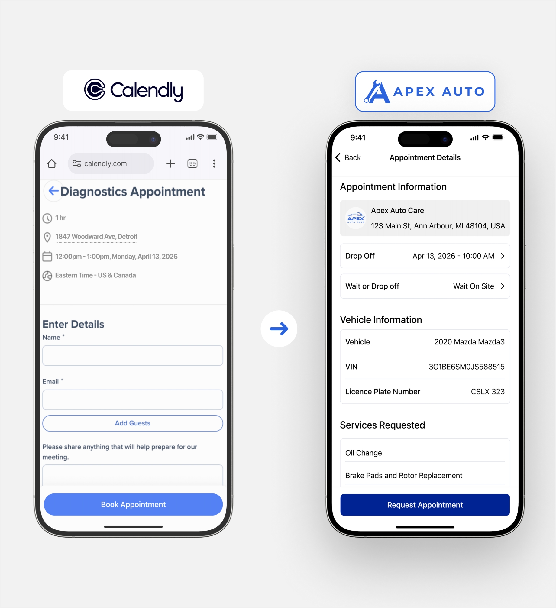 Calendly generic booking vs Apex Auto repair-specific booking side by side