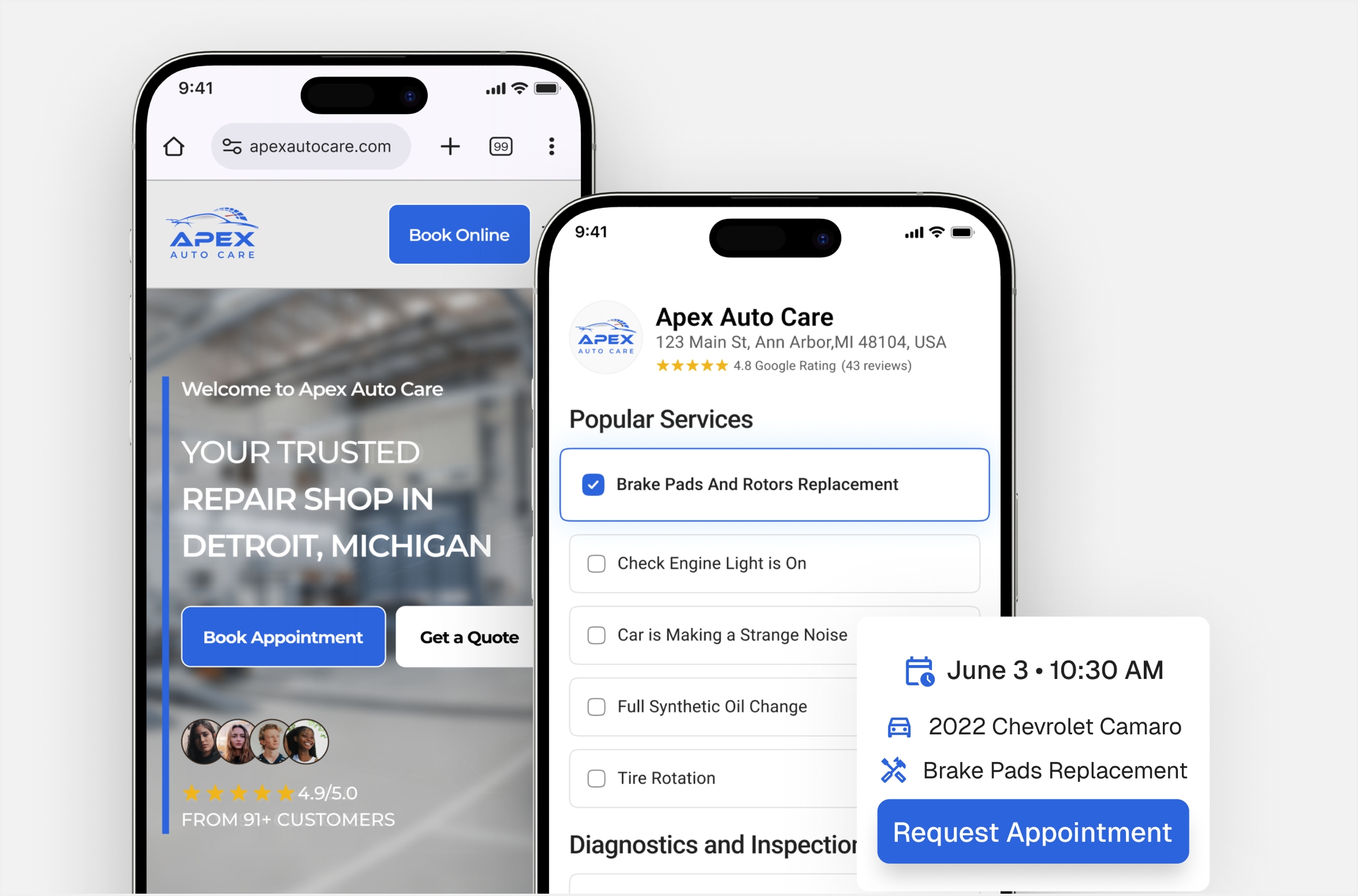 Apex online booking on a phone showing appointment requests