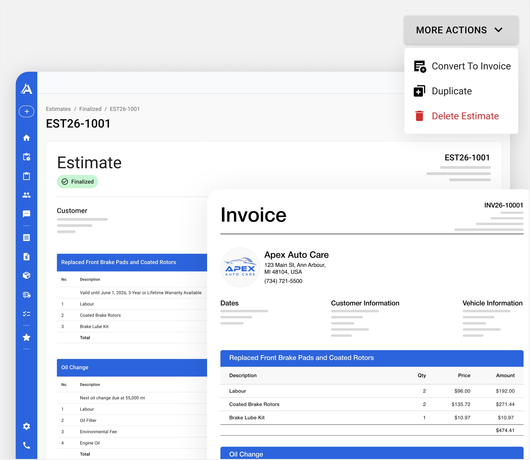 Apex Mechanic estimate converting into an invoice, with a More Actions menu showing the Convert To Invoice option