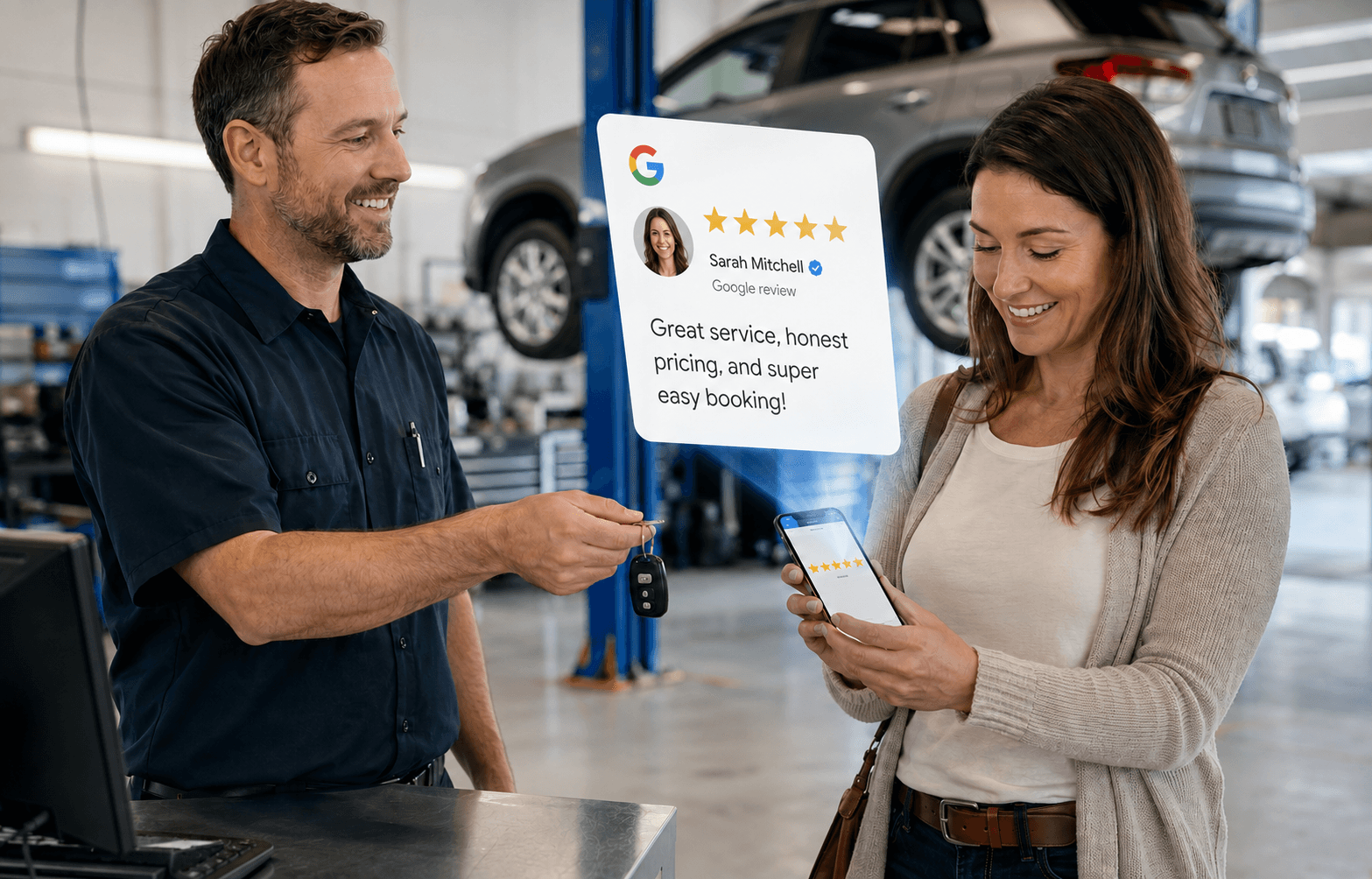 Service advisor handing back keys while a customer leaves a Google review